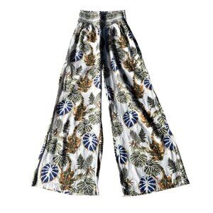 Da Hui Women's Sz L Linen Tropical Print Wide Leg Smocked Waist Pull On Pants